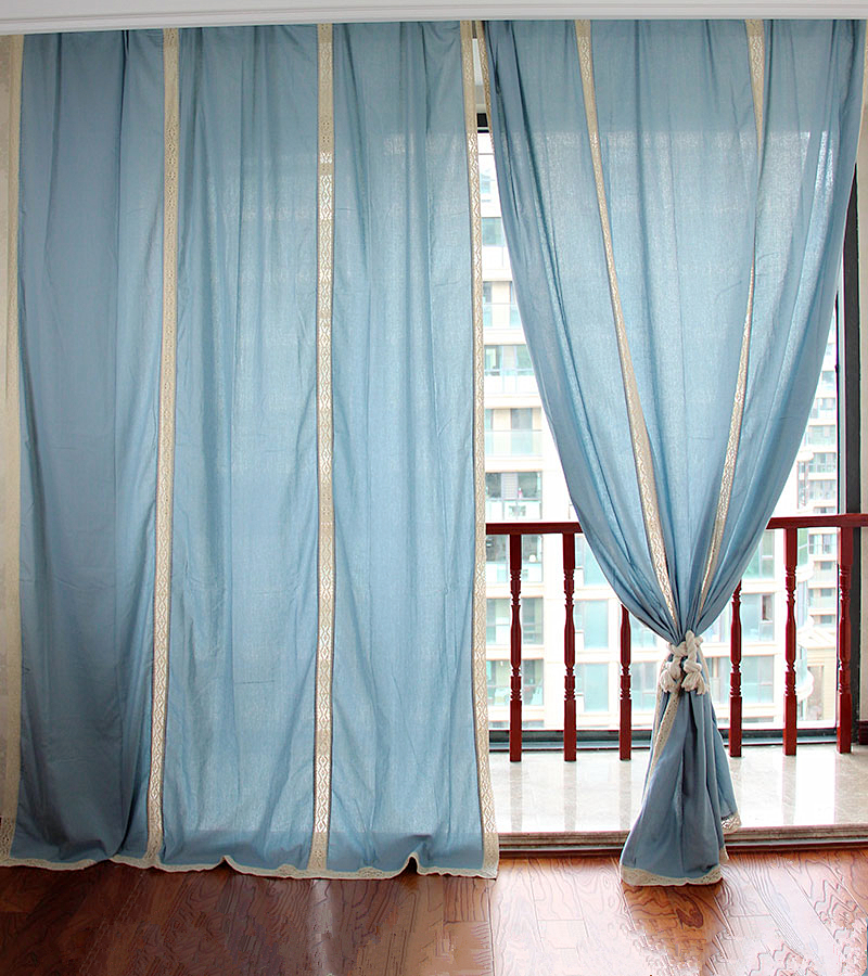 包邮定制窗帘外贸欧式烟蓝色棉麻拼接客厅落地窗卧室窗帘成品挂钩