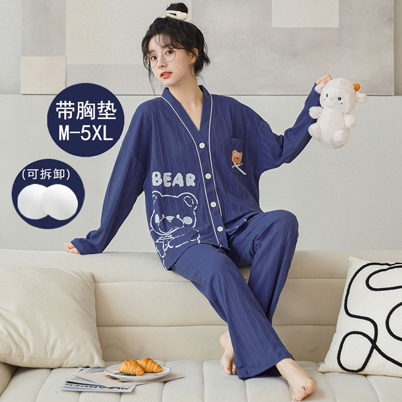 带胸垫睡衣女纯棉长袖薄款防凸点汉服月子服大码200斤家居服春秋