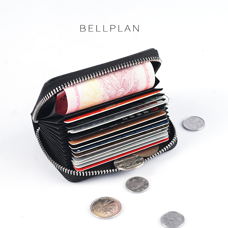 BELLPLAN原创多卡位头层十字纹牛皮风琴卡包拉链多卡位零钱名片包