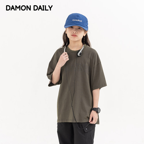 Damon日系做旧纯棉字母刺绣T恤