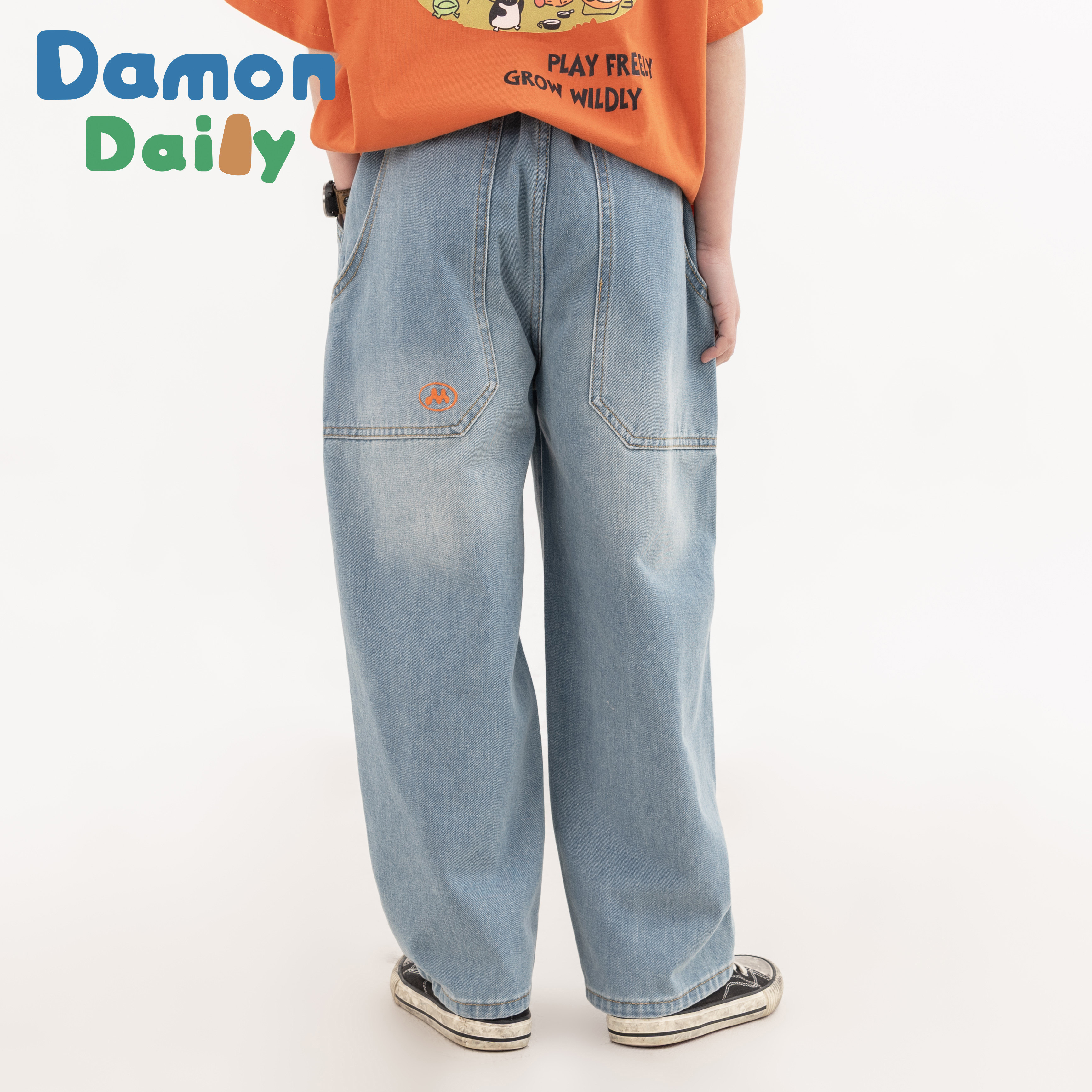 Damon儿童洗水蓝刺绣阔腿牛仔裤