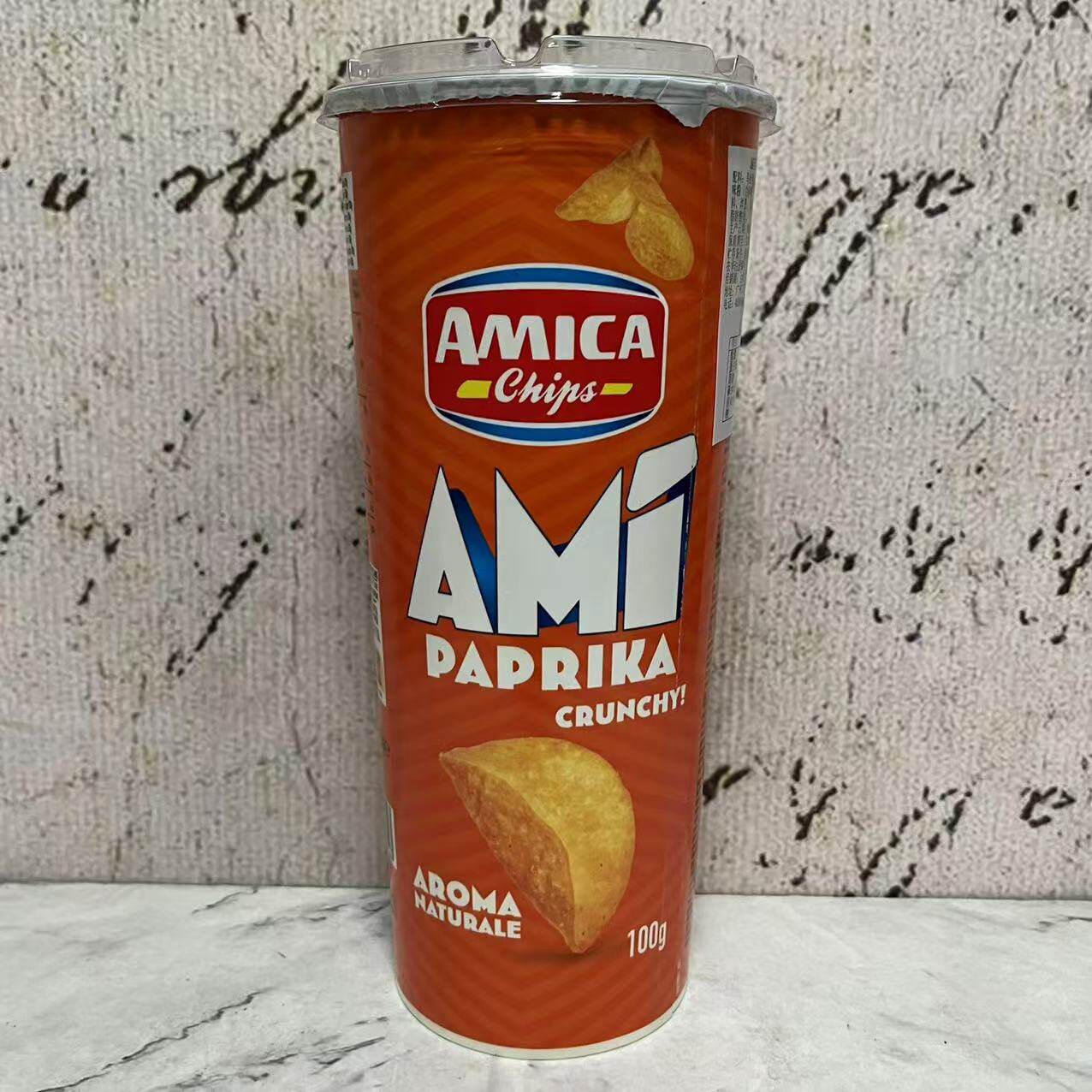 临期裸价特卖 意大利进口AMICA桶装辣椒味薯片100g 休闲膨化食品