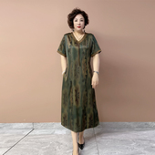 中年妈妈真丝连衣裙高档国风印花大码 遮肉V领新中式 老年人长裙女