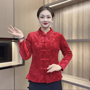 中老年妈妈丝绒外套年货新款中式旗袍上衣盘扣加绒唐装红色棉服女