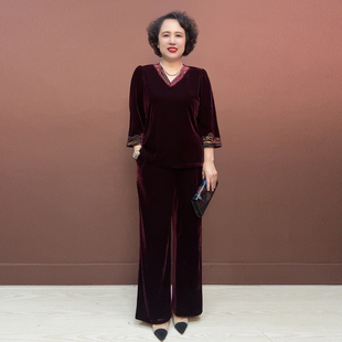 高端国风刺绣丝绒上衣秋季新款中袖民族风小衫阔腿裤大码两件套女