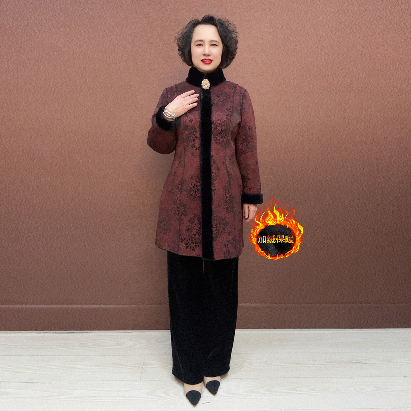 高档皮毛一体外套加绒大衣妈妈冬