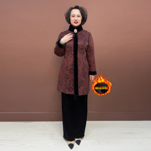 双面穿大衣女 60岁长款 冬季 加绒加厚皮毛一体外套中年妈妈立领50