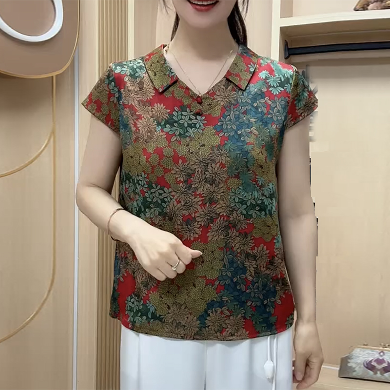 时尚妈妈碎花衬衫夏季新款大码娃娃领遮肚显瘦薄款上衣短袖T恤女