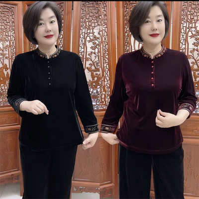 国风妈妈装真丝绒刺绣小衫春装女
