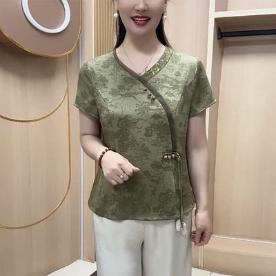 偏襟旗袍提花缎国风短袖小衫T恤