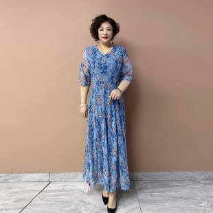 不断腰大摆裙时尚 阔太太碎花连衣裙夏季 高弹力大码 中袖 女长裙 新款