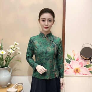 秋冬新款复古盘扣立领提花长袖打底衫加绒显瘦中老年妈妈装上衣女