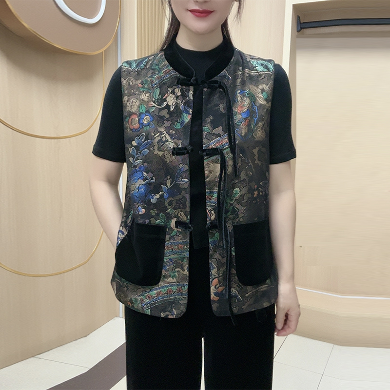 提花緞中式國風山水畫唐裝馬夾