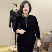 复古盘扣立领长袖 中老年妈妈装 t恤上衣潮 女春秋新款 金丝绒打底衫