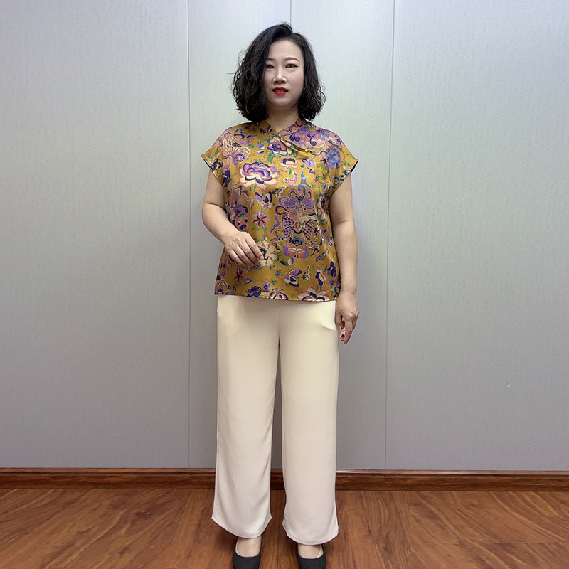 新中式国风妈妈装旗袍上衣夏季新款宽松偏襟砍袖小衫阔腿裤套装女