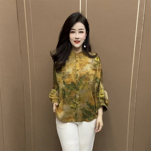 中老年妈妈香云纱衬衫女宽松200斤大码遮肚上衣真丝薄开衫外套女