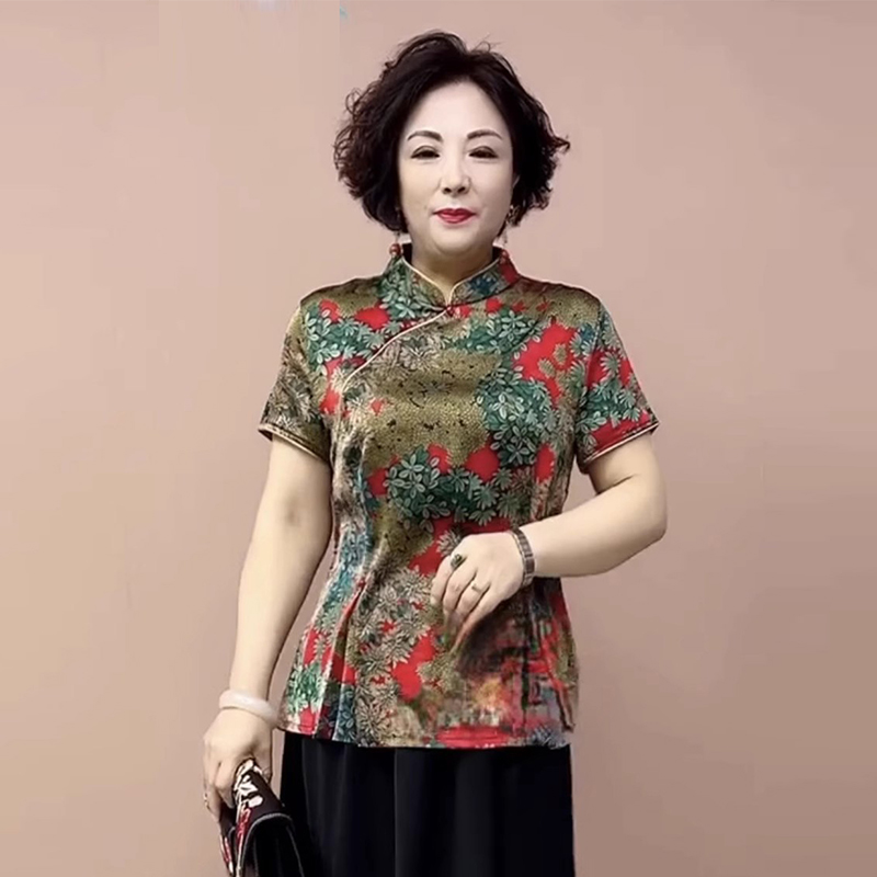 气质妈妈真丝上衣夏季新款短袖立领新中式旗袍衫碎花桑蚕丝上衣女