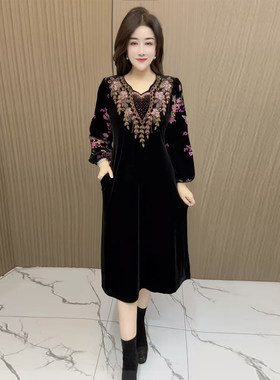 时尚妈妈丝绒烧花烫钻连衣裙春装