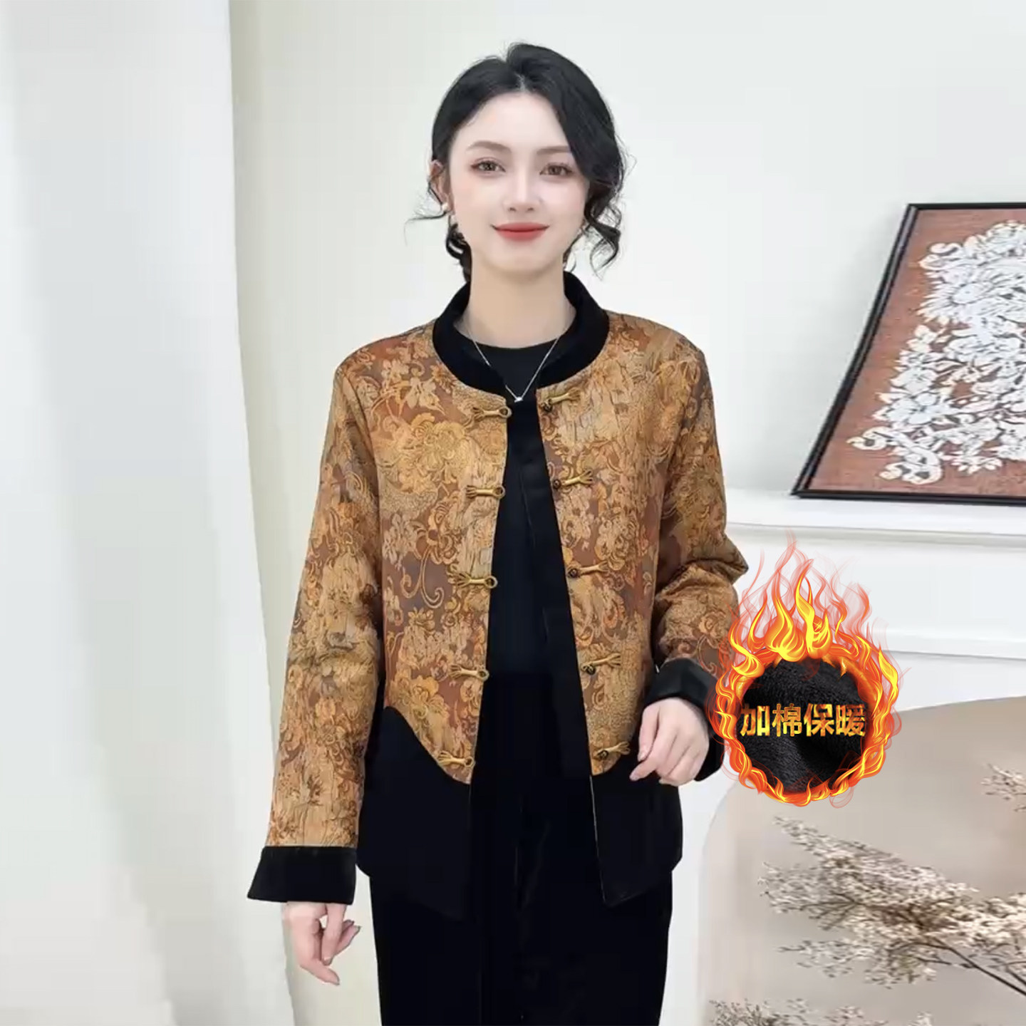 高档妈妈唐装外套年货新款撞色提花缎盘扣加棉上衣国风气质小棉服