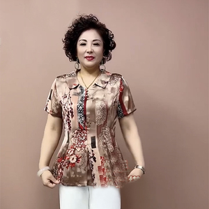 中老年妈妈真丝小衫夏季新款短袖娃娃领时尚减龄新中式旗袍衫上衣