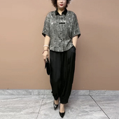 真丝上衣夏季 套装 新款 黑色小脚裤 宽松减龄国风小衫 洋气妈妈蝙蝠袖