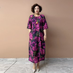 遮肚显瘦凉爽花色长裙女 宽松大码 中老年妈妈冰丝麻连衣裙夏季 新款