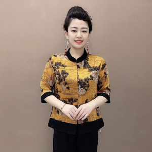 中老年妈妈衬衫夏新款真丝衫复古民族风印花中袖开衫宽松显瘦上衣