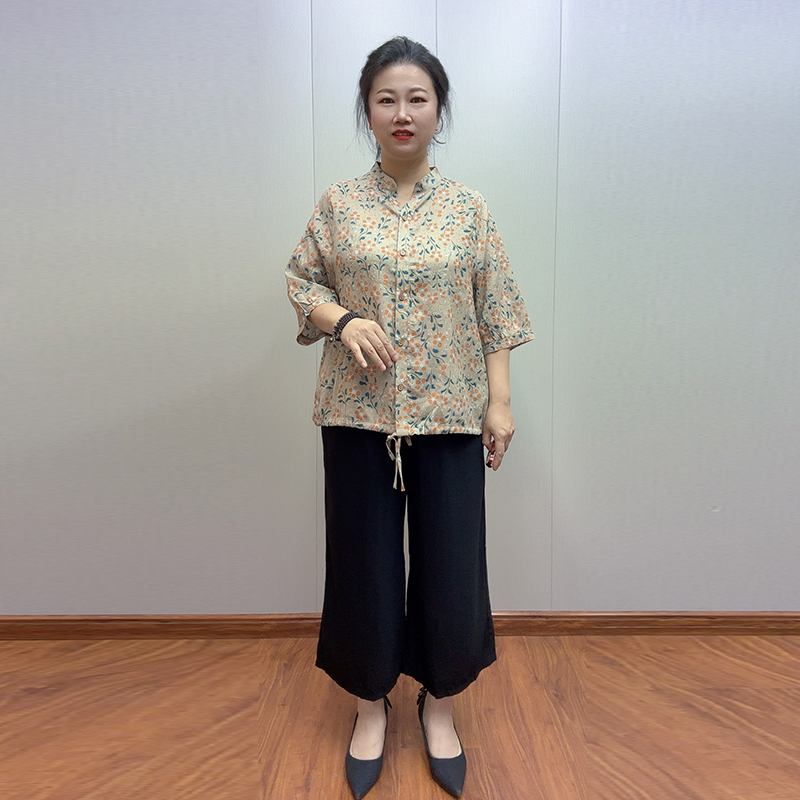 奶奶装棉麻衬衫夏季新款宽松大码中袖开衫上衣阔腿裤休闲花色小衫