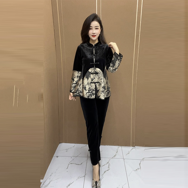 上衣拼色2025秋季丝绒套装显瘦