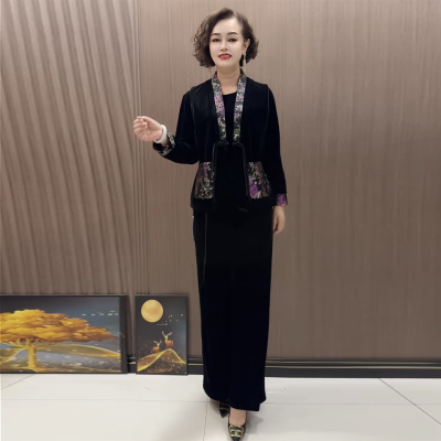 国风妈妈丝绒撞色马甲体恤套装女