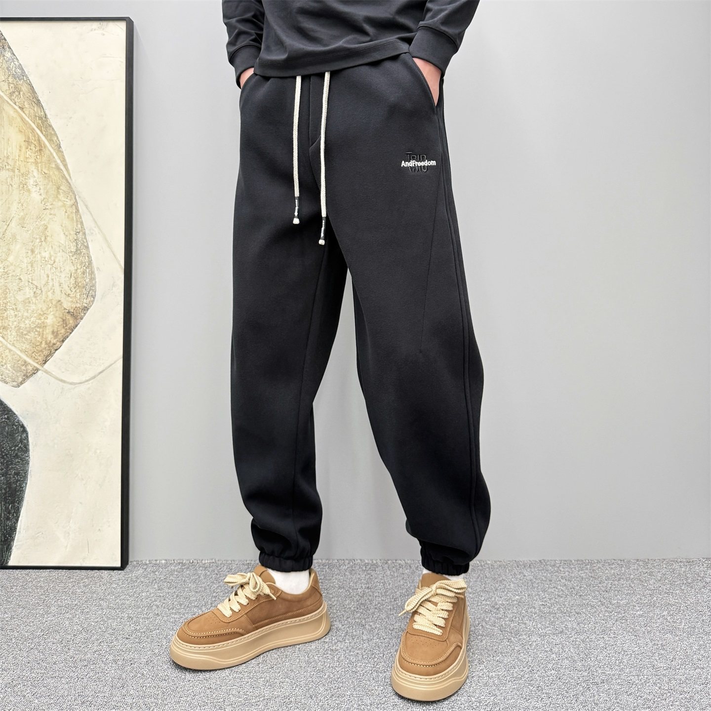 冬季高端加绒加厚灰色卫裤男款宽松百搭潮流运动休闲痞帅束脚裤子