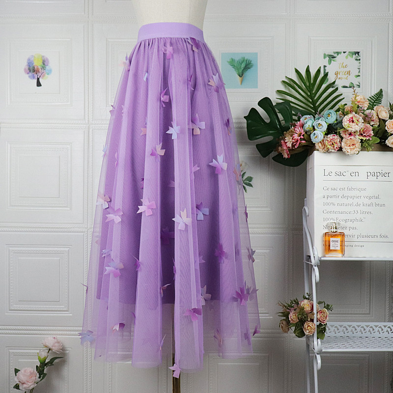 2022春夏新款立体订花蝴蝶网纱半身裙梦幻紫高腰显瘦中长仙女裙子