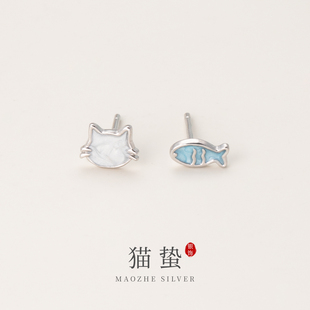 猫蛰S999足银猫与鱼耳钉清纯甜美可爱女纯银耳饰品精致小众设计感