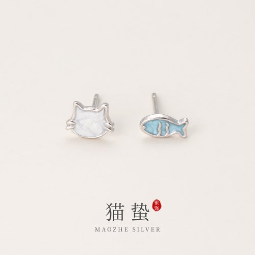 猫蛰S999纯银猫与鱼耳钉
