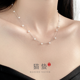 女锁骨链 猫蛰S925纯银双层珍珠项链高级感轻奢精致小众毛衣链爆款