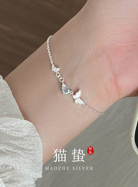 猫蛰S925纯银水滴形蓝钻蝴蝶手链