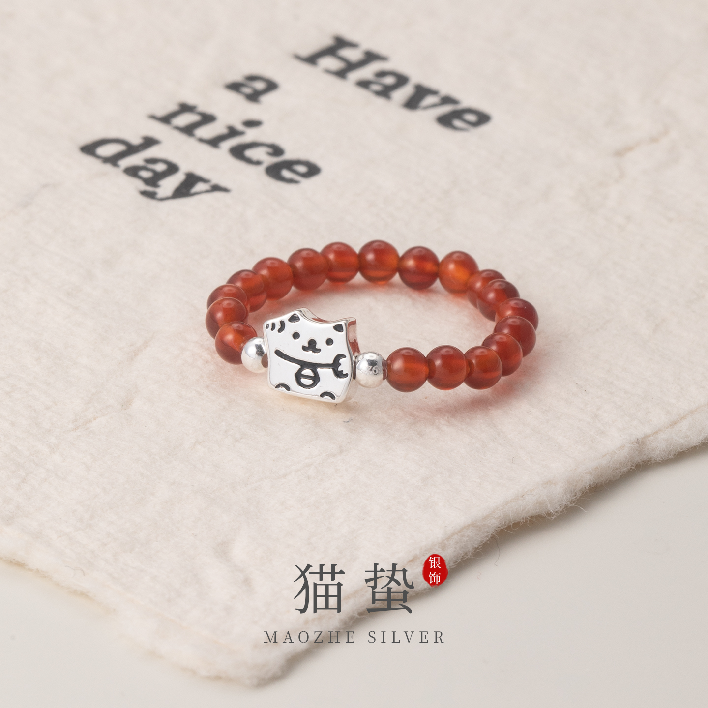 猫蛰S925纯银红玛瑙小猫戒指