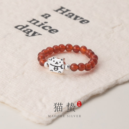 猫蛰S925纯银红玛瑙小猫戒指