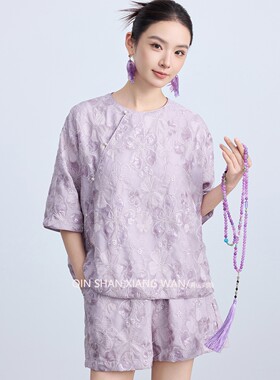 【花蕊】国风新中式重工刺绣夏季两件套装上衣宽松显瘦短裤时尚女