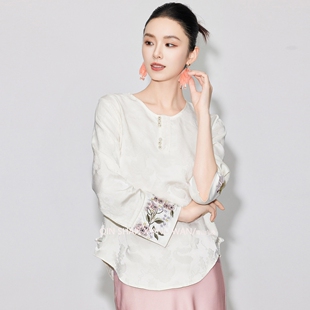 【翩然】国风新中式春装新款天丝提花刺绣上衣衬衫内搭半裙套装女