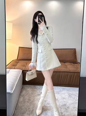 白色小香风高级感连衣裙秋装女2023年新款法式气质名媛收腰a字裙