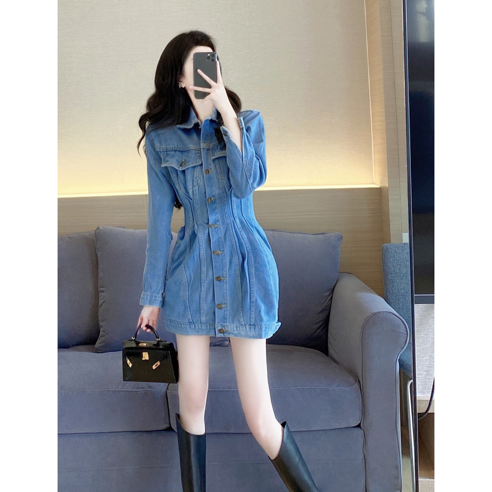 韩版a字裙牛仔纯色单排扣裙子