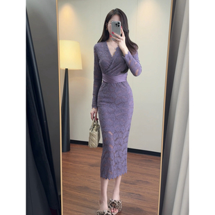紫色V领蕾丝连衣裙女2025春秋新款 包臀裙 气质御姐绑带收腰中长款