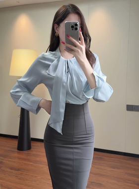 法式通勤风系带衬衫女2025春秋高级感职业轻熟气质优雅长袖上衣
