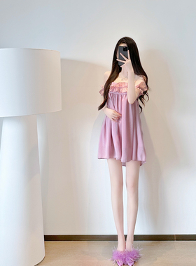 紫色连衣裙女夏2025新款气质名媛收腰显瘦甜美纯欲一字领露肩短裙