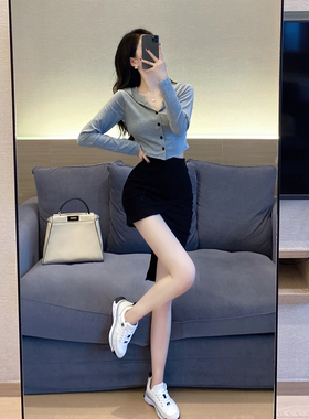 港风套装女复古chic初秋新款2023小个子时尚中长款可盐可甜两件套