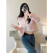 粉色小香风外套女秋冬2024新款 高级感韩系气质名媛粗花呢流苏开衫