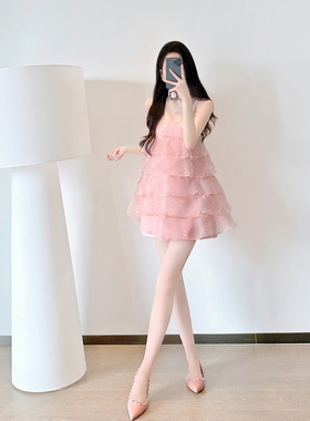粉色公主蓬蓬裙2025夏季新款高级感气质名媛甜美纱网蛋糕连衣裙女