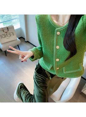 绿色小香风外套秋冬2022新款高级感韩版气质名媛法式别致短款上衣
