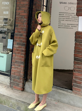 特惠清仓！牛角扣大衣女2023秋冬装新款复古双面羊绒连帽毛呢外套